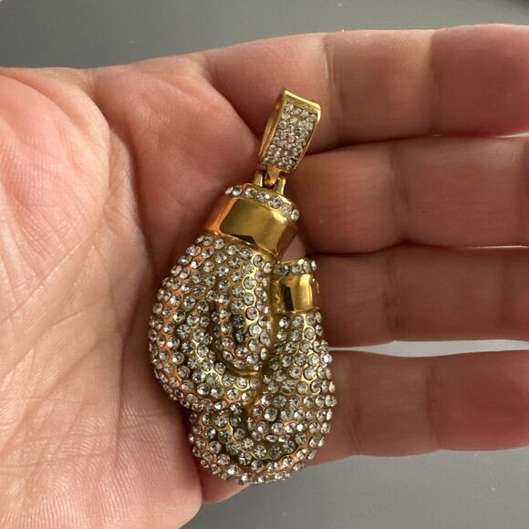 Boxing Gloves Pendant Gold Plated Stainless Steel 24 Inch Chain Zirconia Boxer - Picture 4 of 6